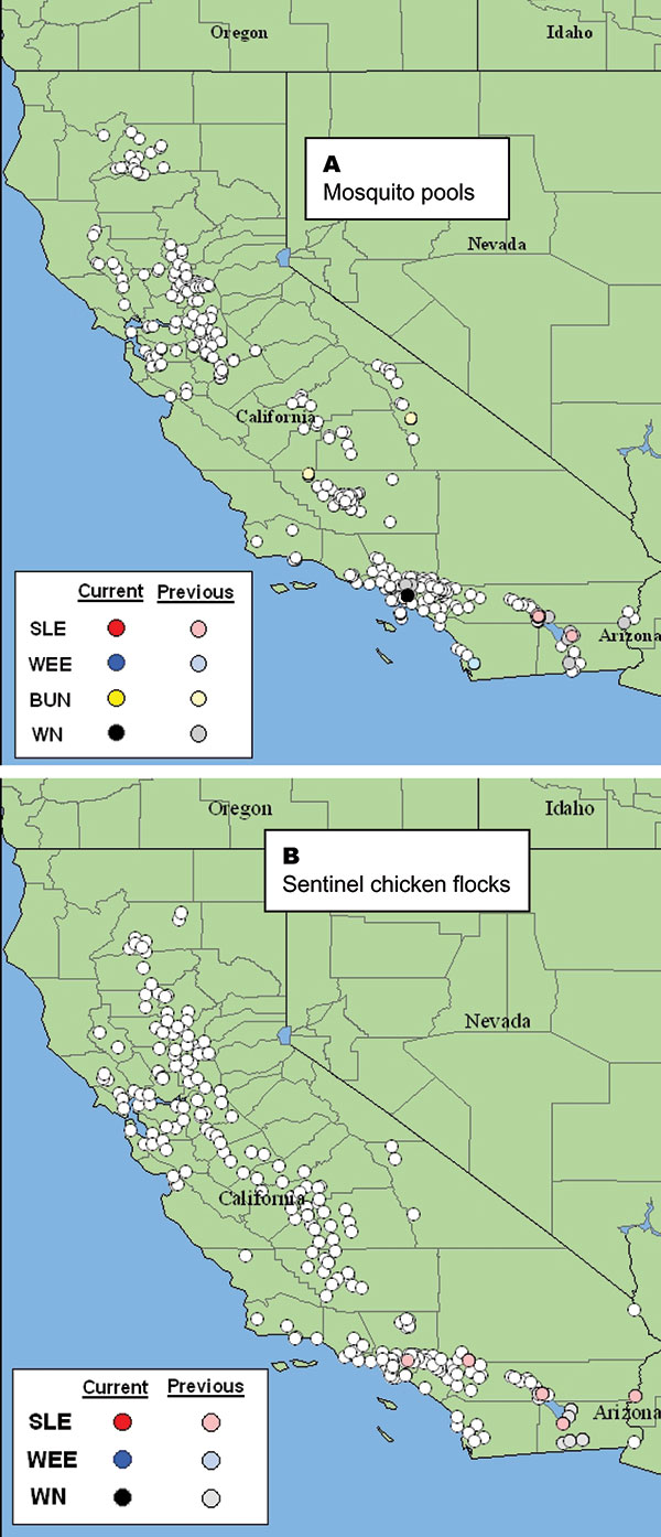 Map of California showing locations where (A) 9,731mosquito pools were collected and (B) 212 sentinel chicken flocks were located through November 1, 2003. Data are cumulative for 2003 and show negative, previously positive, and currently active sites as downloaded from http://www.vector.ucdavis.edu/. SLEV, St. Louis encephalitis virus; WEEV, western equine encephalitis virus; BUNV, viruses in the California encephalitis virus complex, family Bunyaviridae; WNV, West Nile virus.