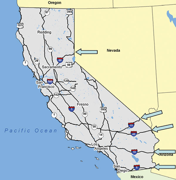 Road map of California. Arrows indicate the points of entry of main U.S. highways into California from the East.