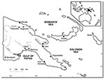Thumbnail of Papua New Guinea showing the areas of origin of the 72 wild-born saltwater crocodiles (Crocodylus porosus): 1 each from Baimuru, Angoram, Timbunke, Kimbe, Bensbach River, and Buka; 2 from Labu; 7 from Wewak; 7 from Popondetta; and 50 from Kikori.