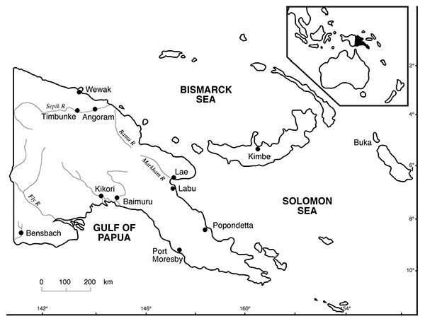 Papua New Guinea showing the areas of origin of the 72 wild-born saltwater crocodiles (Crocodylus porosus): 1 each from Baimuru, Angoram, Timbunke, Kimbe, Bensbach River, and Buka; 2 from Labu; 7 from Wewak; 7 from Popondetta; and 50 from Kikori.