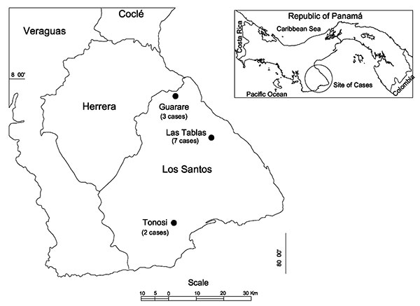 Location of districts in Los Santos Province, Republic of Panama, in which hantavirus cases occurred in 1999 and 2000.