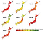 Thumbnail of Timing of peak influenzalike illness epidemic activity by week in Japan. The isobars on the contour maps represent interpolated time of peak activity distributed spatially at 1-week intervals. The first week was defined when the peak week was observed first in any one of the prefectures in each season, and then the following weeks were numbered.