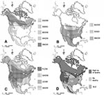 Thumbnail of A) Native breeding range of owl species showing high death rates (&gt;90%), B) no deaths, C) low death rates (&lt;20%), and D) the combined distributions of species in the high and no mortality groups with that of Saint Louis encephalitis (SLE) in the United States and Canada. The distribution maps have been redrawn based on maps previously published (16–19). The distribution of SLE is based on human cases reported in the United States and in Canada from 1964 to 2000 (25,26). Only s