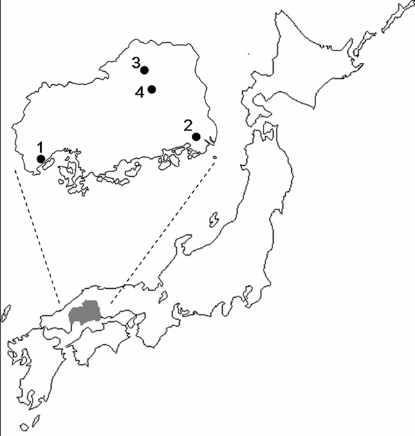 Location of Hiroshima prefecture in Japan and the areas where patients 1–4 resided. Numbers 1–4 correspond to the patients' numbers.