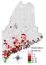 Thumbnail of Canine Lyme disease seroprevalence rates based on the IDEXX 3Dx test for minor civil divisions with ≥10 tests, Maine, 2003.