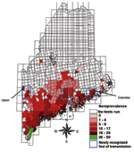 Thumbnail of Regional canine Lyme disease seroprevalence rates calculated from minor civil division pools created within 15-minute quadrangles, Maine, 2003.