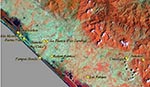 Thumbnail of Satellite image of the Pacific coastal areas studies for Venezuelan equine encephalitis virus activity (Landsat thematic mapper). Bands 4, 5, and 1 are displayed as a red-green-blue false-color composite. The villages sampled are indicated in yellow.