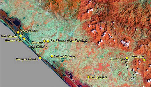 Satellite image of the Pacific coastal areas studies for Venezuelan equine encephalitis virus activity (Landsat thematic mapper). Bands 4, 5, and 1 are displayed as a red-green-blue false-color composite. The villages sampled are indicated in yellow.