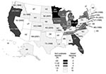 Thumbnail of Norovirus-confirmed foodborne outbreaks by state, United States, 1998–2000 (N = 305).Years in parenthesis indicate first year a state public health laboratory developed molecular assays for norovirus (as of December 2001). *Includes District of Columbia.