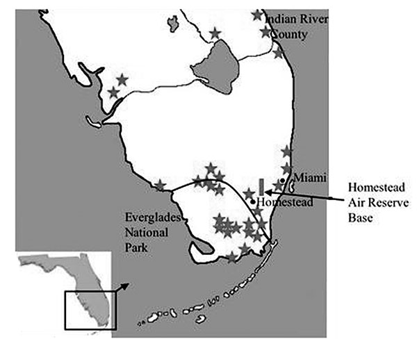 Map of South Florida, indicating locations of Everglades virus isolation, human cases or antibody detection (stars), and our cotton rat collection site (box). Dark line delineates national park boundary.