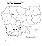 Thumbnail of Location of bat capture sites during a survey on lyssavirus infection in bats in Cambodia, September 2000–May 2001.