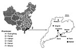 Thumbnail of Geographic distribution of the farms and market examined in this study. The diagram on the left identifies the six provinces relevant to this study. The diagram on the right is an enlarged map of Guangdong Province showing the locations of the four farms and the capital city Guangzhou, where the live animal market was located. Also shown is Shenzhen, where civets from live animal markets were tested by Guan et al. in May 2003 (5).