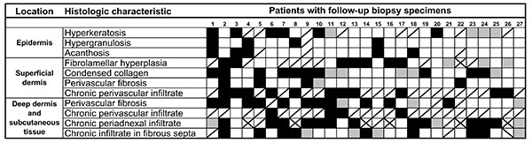 Individual histologic responses of the 27 patients with follow-up biopsy specimens who participated in a lymphedema management program for ≈1 year. Black boxes indicate histopathologic regression or improvement, gray boxes indicate histopathologic progression or worsening, white boxes indicate the absence of histopathology in either biopsy, and boxes with a diagonal line indicate that histopathology was observed on both initial and follow-up biopsies. Boxes with an X indicate insufficient data.
