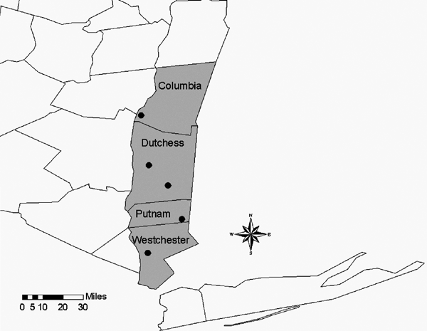 New York State Hudson Valley region. Circles denote generalized locations of tick collection sites in close proximity to locally acquired human babesiosis cases.