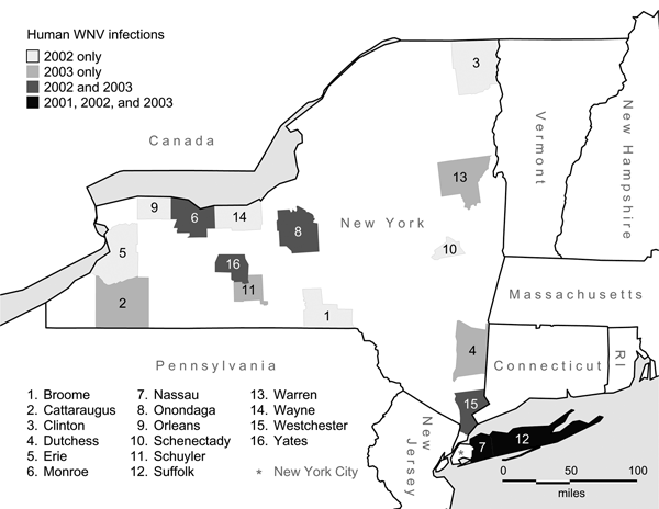 New York counties with laboratory-confirmed cases of human West Nile virus disease, 2001–2003.