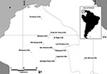 Thumbnail of Locations of 12 towns in Córdoba and Sucre departments, Colombia, where rural workers were screened for antibody to Sin Nombre hantavirus. Numbers in parentheses represent number of antibody-positive persons and number of persons tested.