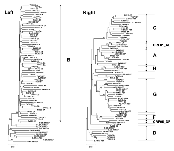 Phylogenetic analysis of pol sequences derived from pregnant women infected with HIV-1. Trees were constructed by using the neighbor-joining method as described in Patients and Methods. A transition/transversion ratio of 2 was used and 1,000 bootstrap resamplings were performed. Left panel: Subgrouping with clade B HIV-1. Right panel: Grouping with non-B HIV. Reference sequences (REF) were obtained from the Los Alamos National Laboratory database (2001) (8). The scale bar represents 0.02 nucleot