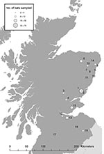 Thumbnail of Bat sampling locations in southern and eastern Scotland. The circles indicate both the location (number) and an estimate of the number (size) of bats sampled.