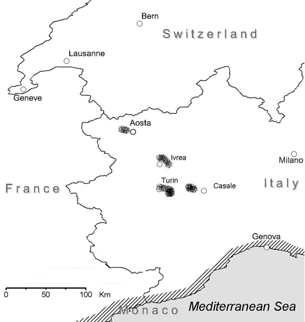 Traditionally endemic canine leishmaniosis (canine leishmaniasis) areas (slash marks) and new foci in continental climate areas of northwestern Italy (shaded areas).