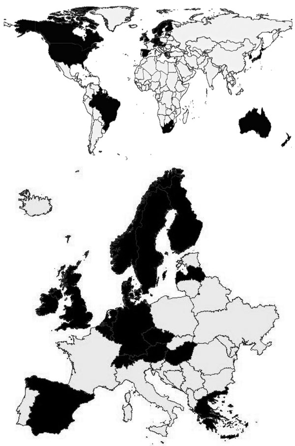 Participating countries in the survey of multidrug-resistant Salmonella enterica serotype Typhimurium, 1992–2001, internationally (A) and in Europe (B).