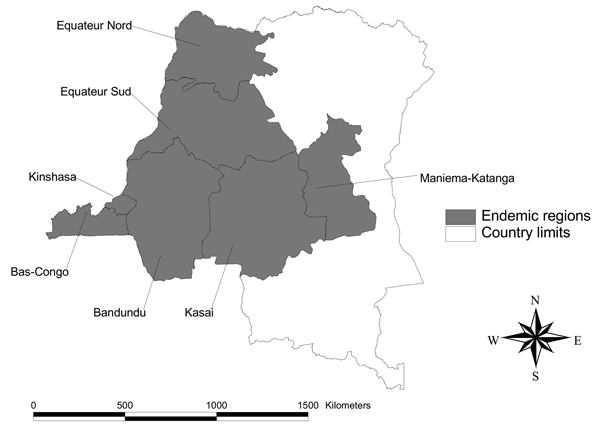 Disease-endemic regions (indicated by shaded areas) in the Democratic Republic of Congo, as managed by human African trypanosomiasis program.