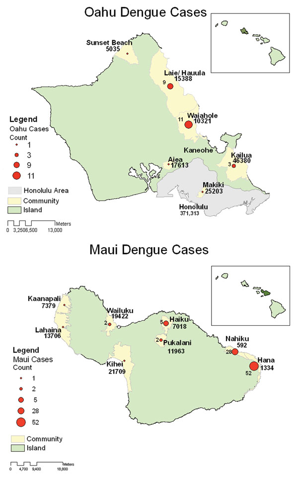 Autochthonous dengue infections, Maui and Oahu, Hawaii, 2001–2002.