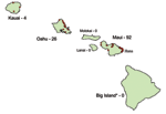 Thumbnail of Hawaiian Islands. Areas with dengue activity during the 2001–2002 outbreak are marked in red; the number of laboratory-positive cases is noted adjacent to the island name. *The island of Hawaii is usually called Big Island to avoid confusion with the state of Hawaii.