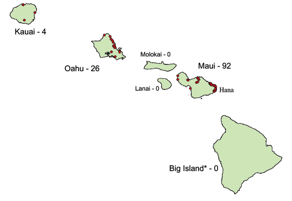 Hawaiian Islands. Areas with dengue activity during the 2001–2002 outbreak are marked in red; the number of laboratory-positive cases is noted adjacent to the island name. *The island of Hawaii is usually called Big Island to avoid confusion with the state of Hawaii.