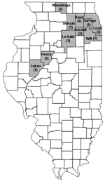 Thumbnail of County of residence of reported myocarditis case-patients (N = 16), northern Illinois, 2003.