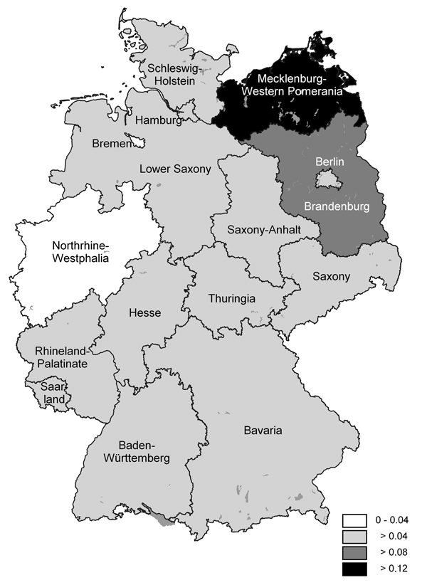 Regional distribution of leptospirosis in Germany, 1997–2003. Incidence per 100,000 population.
