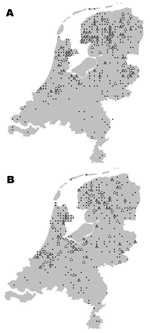 Thumbnail of Location of serotine bat, Eptesicus serotinus, with positive (triangles) and negative (dots) test results for European bat lyssaviruses, the Netherlands; A)1984–1989; B)1990–2003.