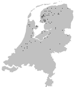 Thumbnail of Location of pond bat, Myotis dasycneme, with positive (triangles) and negative (dots) test results for European bat lyssaviruses, the Netherlands, 1984–2003.