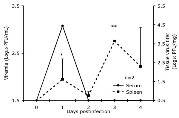 Comparison of the viremia titer with virus titer in the spleen in 2 spiny rats/time point after subcutaneous infection with 3 log10 PFU of enzootic Venezuelan equine encephalitis virus strain Co97-0054. Vertical bars represent standard errors of the means. *p = 0.04, **p = 0.0003.