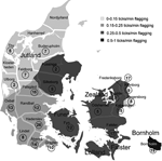 Thumbnail of Geographic distribution of roe deer samples collected. The map shows the location of the 25 state forest districts in Denmark. Numbers in circles indicate number of samples collected in each district. Three districts, Klosterheden, Hanherred, and Nordjylland, did not submit samples. Also shown is the approximate density of Ixodes ricinus ticks in Denmark, redrawn from (11) as shaded areas. Flagging is the technique of collecting ticks by moving a piece of fabric mounted on a stick t