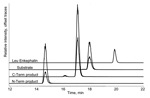 Thumbnail of High-performance liquid chromatography–electrospray ionization-tandem mass spectrometry chromatogram showing the botulinum neurotoxin (BoNT)-A substrate and product ions (CT, C-terminal; NT, N-terminal) from a reaction with 25 mouse lethal dose (MLD)50 BoNT-A. Each peptide has both a quantification ion (top trace) and a verification ion (lower trace). Isotopically labeled standards are added (traces not shown) as internal standards for quantification. The labeled peptides co-elute w