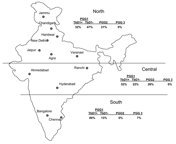 Geographic distribution of Mycobacterium. tuberculosis genotypes in northern, central, and southern India. PGG, principal genetic group; TbD1, M. tuberculosis–specific deletion region 1.