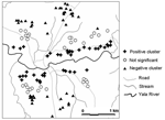 Thumbnail of Significant clustering of Plasmodium falciparum infection intensities in Iguhu village for children 0–9 years of age.