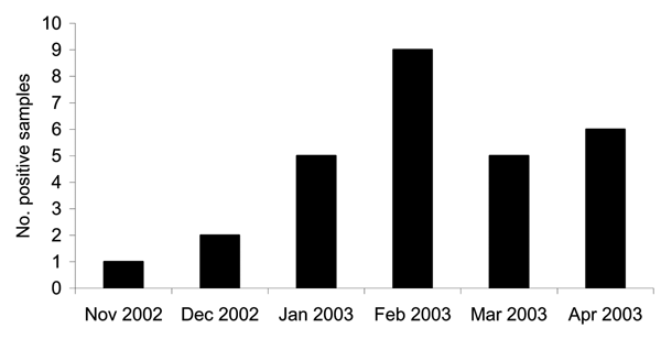 Number of human coronavirus NL63–positive samples per month. Fifty samples from patients hospitalized for acute respiratory symptoms were tested each month.