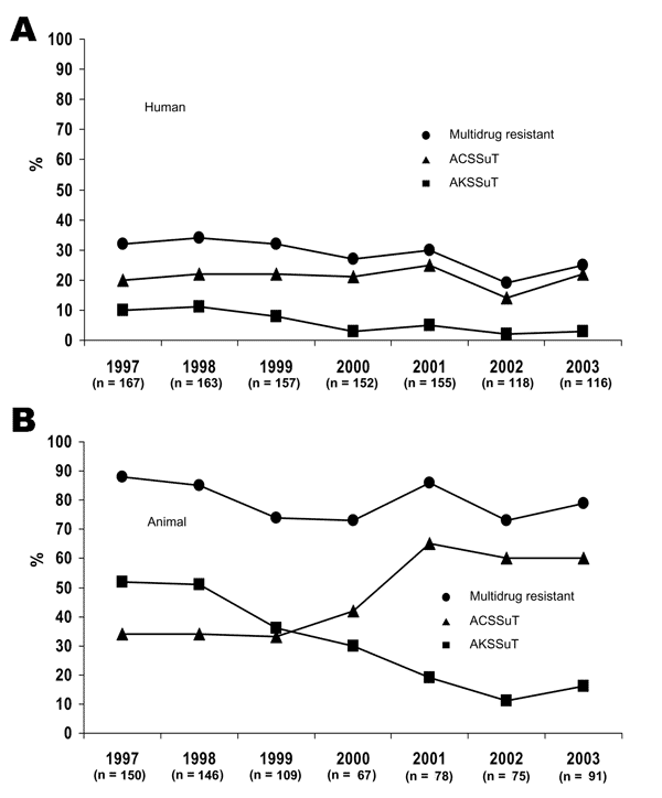 Percentage of Salmonella enterica serovar Typhimurium isolates from Minnesota humans (A) and animals (B) with multidrug resistance (i.e., resistance to &gt;5 antimicrobial drugs), including resistance phenotypes (R-types) ACSSuT and AKSSuT, 1997–2003. A, ampicillin; C, chloramphenicol; K, kanamycin; S, streptomycin; Su, sulfisoxazole; T, tetracycline. R-type ACKSSuT is included as R-type ACSSuT but not AKSSuT.