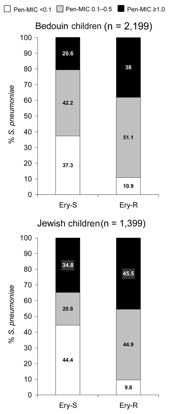 Distribution of penicillin MICs (μg/mL) in erythromycin-susceptible and erythromycin-resistant Streptococcus pneumoniae isolated during episodes of acute otitis media in Bedouin and Jewish children &lt;5 years of age in southern Israel from 1999 through 2003. P was calculated for the difference in overall distribution of penicillin MICs between erythromycin-susceptible and erythromycin-resistant isolates, as well as for difference in relative contribution of isolates with MICs ≥1.0 μg/mL to both