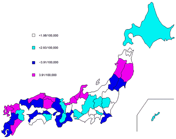 Average number of VTEC cases per 100,000 population per year in each of 47 prefectures from 1999 to 2004, Japan.