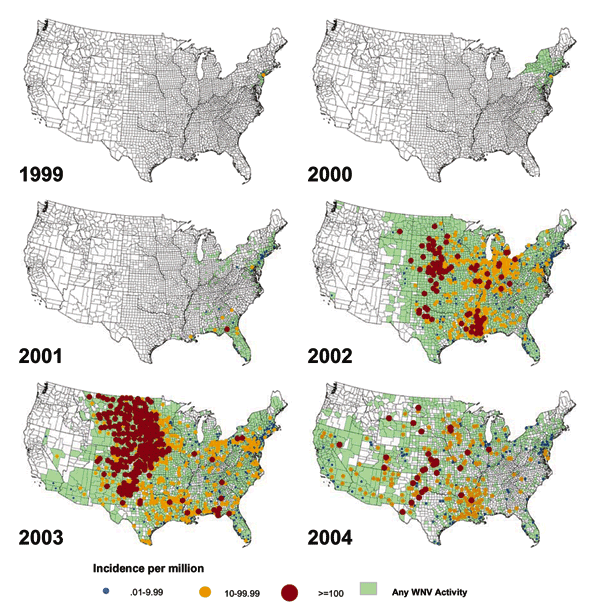 Reported incidence of neuroinvasive West Nile virus disease by county, United States, 1999–2004. Reported to Centers for Disease Control and Prevention by states through April 21, 2005.