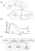 Thumbnail of Emerging infectious disease framework. A) Schematic diagram of the multihost-pathogen community. B) Possible outcomes for a novel host, H2, after an initial infection by a pathogen endemic in an existing host, H1, where (1) the pathogen is unable to invade H2, (2) the pathogen invades but cannot be sustained within H2, (3) the pathogen invades and persists in H2, and (4) the pathogen invades and drives H2 to extinction. C) Three thresholds separating the 4 possible outcomes: (i) the