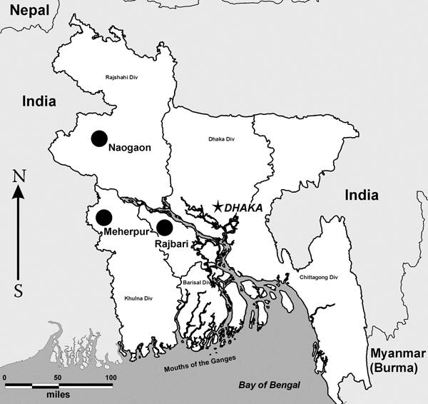 Map of Bangladesh with bat surveillance regions indicated (circles).