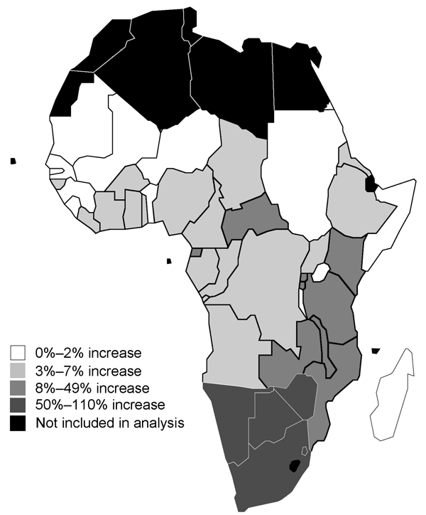 Estimated proportional increases in malaria deaths due to HIV-1 in sub-Saharan African countries in 2004, for all ages combined.