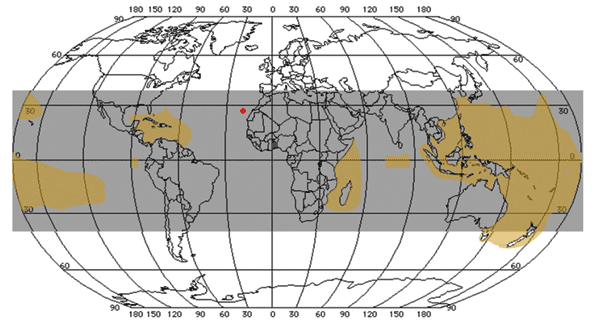 Worldwide distribution of ciguatera. Gray indicates coral reef regions located between 35° north and 35° south latitudes; brown indicates disease-endemic areas of ciguatera; red circle indicates Canary Islands (latitude 28°06´ north, longitude 15°24´ west. Source: refs 4. and 5.