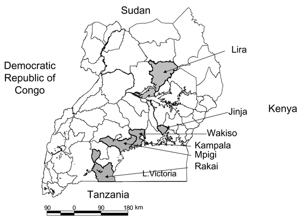 Map of Uganda showing districts where measles virus isolates were obtained from 2000 to 2002.