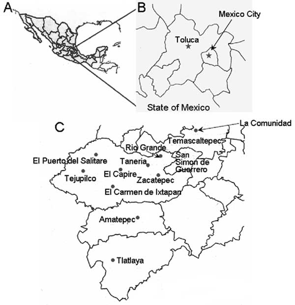 Study site in Mexico. A) Country of Mexico. B) State of Mexico. C) Southern part of the State of Mexico. Shown are the municipalities and villages in the State of Mexico where epidemiologic serosurveys were conducted.