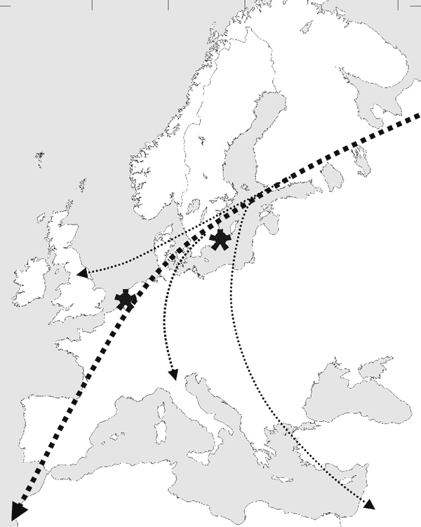 Main fall migration route of wild waterfowl in northern Europe (31). The sample locations Öland (Sweden) and Lekkerkerk and Krimpen a/d Lek (the Netherlands) are marked with asterisks.