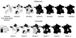 Thumbnail of Evolution of regional influenzalike illness (ILI) incidence during the 2003–04 epidemic. The observed maps (first line) were constructed by using data from the French Sentinel Network. The forecast maps (for the first 6 epidemic weeks) 1, 2, and 3 weeks ahead show the results of the regional models when medication sales are used. The forecast horizon is indicated below each map. For example, for 2003(49), ILI predicted incidence is calculated by employing the model with data until w